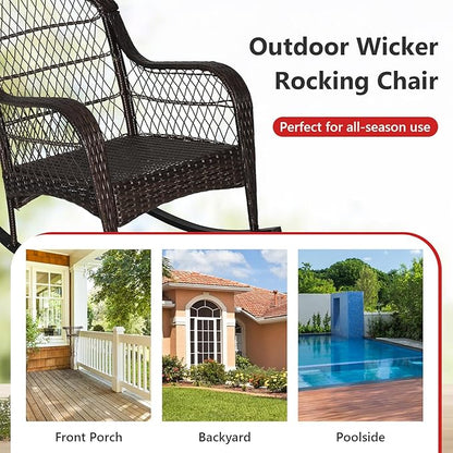 ORALNER Wicker Patio Rocking Chair, Outdoor PE Rattan Rocker with Seat and Back Cushion, Waist Pillow, Armrests, Garden Chair for Porch, Backyard, Poolside, Deck (1, Black)