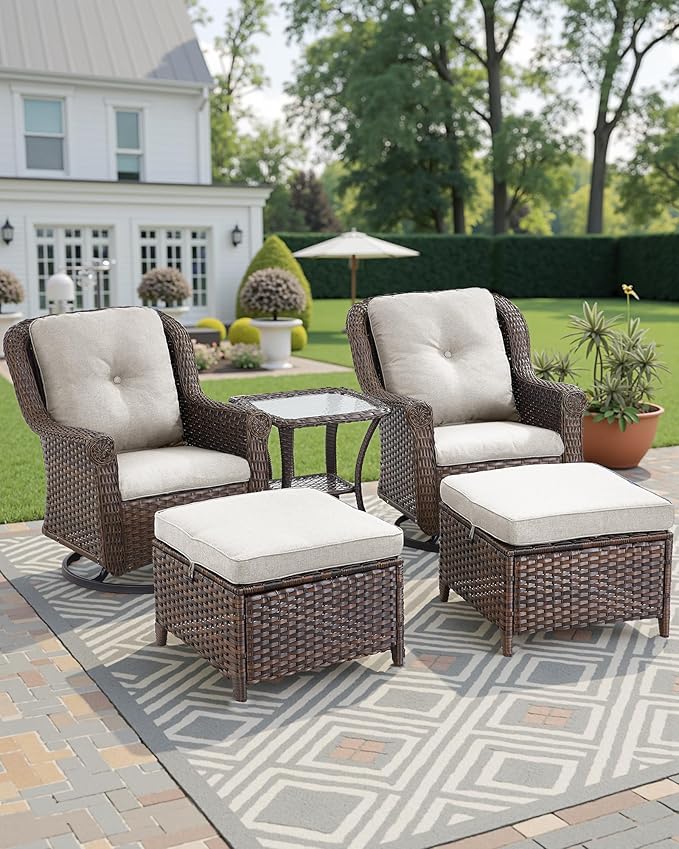3 Piece Patio Swivel Chairs and Side Table Set - High Back Outdoor Brown Wicker Rattan Rocking Glider with Thick - Photo 5