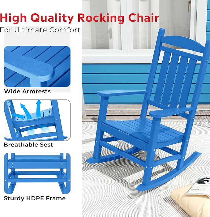 Costaelm Oversized Outdoor Rocking Chair, High Back Porch Rocker Chair, HDPE All Weather Resistant Outdoor Seating Furniture Wide Rocker Chair for Patio, Lawn, Garden, Pacific Blue