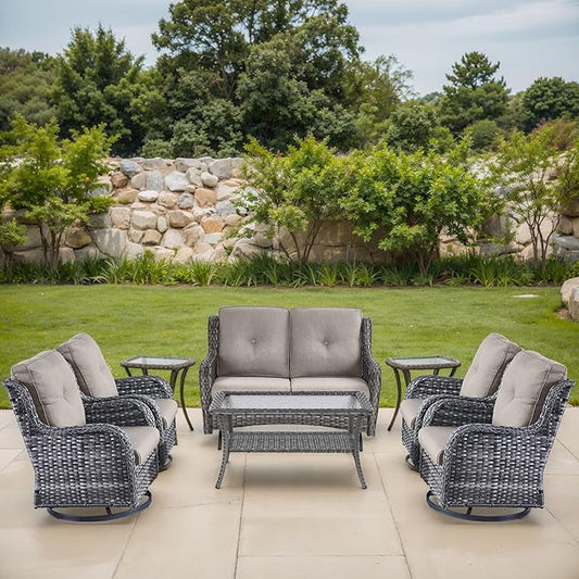 Patio Loveseat Glider Set, Resin Wicker Loveseat Glider with 4 Swivel Patio Chiars Coffee Table 2 Side Table, 8 Piece Patio Conversation Loveseat Set, Grey Wicker|Grey Cushions