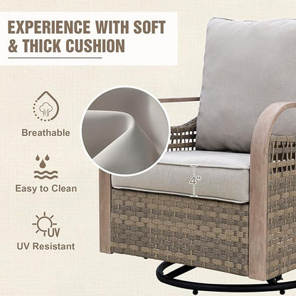 Modern Wicker Outdoor Swivel Rocking Chairs, Rattan Glider Rocker Chairs Patio Armchairs for Backyard, Deck, Porch, Garden, 4 Pieces, Brown/Gray