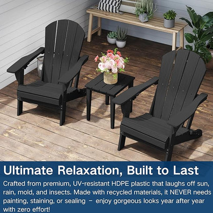 Foldable Adirondack Chair with Cup Holder-Heavy Duty Recycled HDPE Outdoor Patio Furniture, Weather Resistant Deck Lawn Fire Pit Chair (Black, 2 Chair)