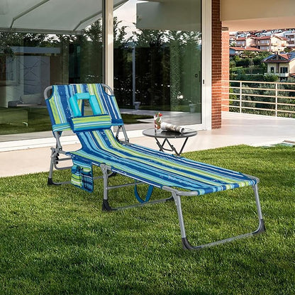 GYMAX Tanning Chair, Folding Beach Lounger with Face Arm Hole, Adjustable Backrest, Side Pocket & Carry Handle, Outside Sunbathing Lounge Chair for Patio, Poolside, Lawn (1, Blue Stripe)