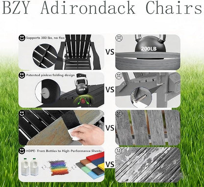 Folding Adirondack Outdoor Chairs HDPE Plastic Chair All Weather Cup Holder Black for Deck Backyard Patio Outdoor Garden
