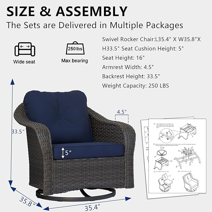Wicker Swivel Rocking Chairs Set 2, Outdoor Brown Wicker Swivel Glider Chair Outdoor Rocking Chair with Water-Resistant Cushions, Blue