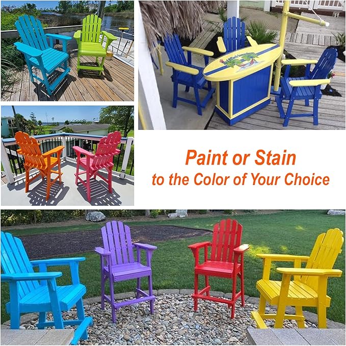 Ready-to-Finish Balcony Tall/Counter High Adirondack Chair with Footrest for Outdoor Outside Garden - Unfinished Natural Wood Bar Chair