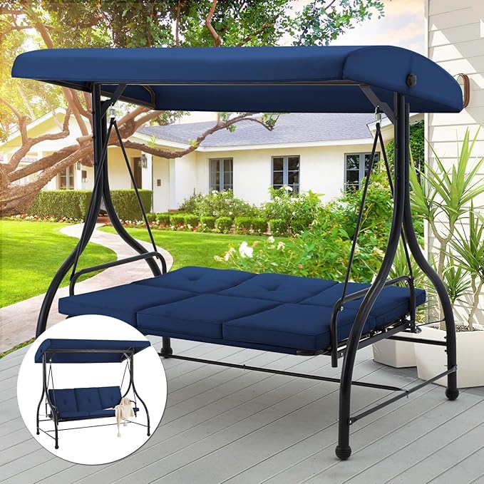 AECOJOY Porch Swing Chair, 3 Seats Porch Swing Adjustable Canopy Outdoor Swing with Stand Patio Swing Bed with - Photo 6