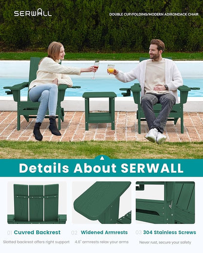 SERWALL Folding Adirondack Chair with Cup Holders Set of 8, Modern Adirondack Chairs with Mobile Phone Holder, HDPE All-Weather Fire Pit Chairs for Outdoor, Patio, Garden, Green