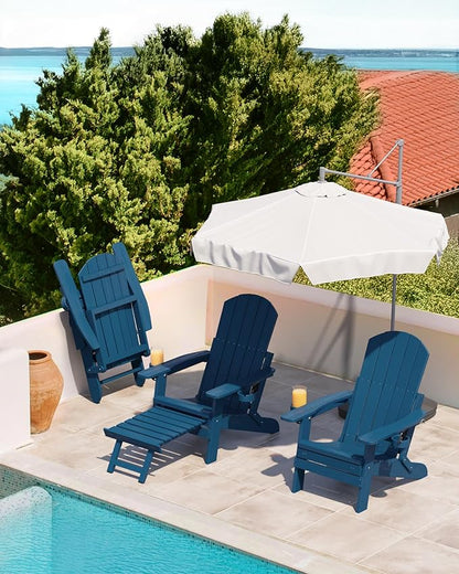 YEFU Adjustable Adirondack Chair with Retractable Ottoman Set of 6,Folding Adirondack Chair with 2 Cup-Holders, Outdoor Chairs with Footrest,Weather Resistant Fire Pit Chairs,for Patio Lawn(Navy)