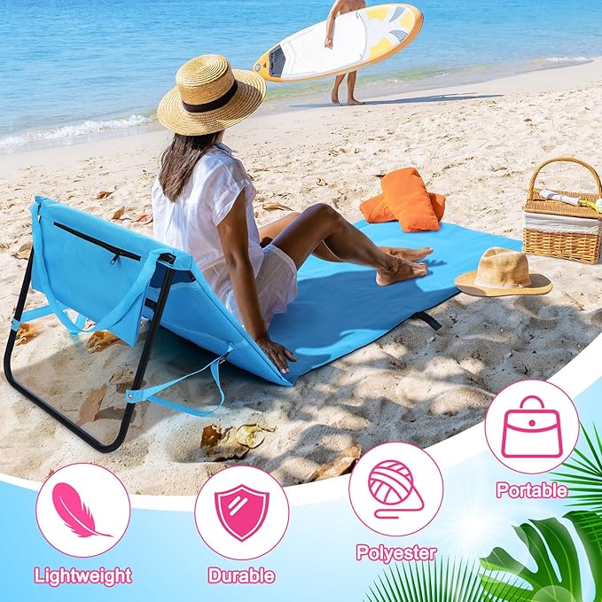 2 Pack Folding Beach Lounge Chair for Adults Couple Portable Sun Lounger Lightweight Tanning Mat with Storage Pocket Adjustable Position Lawn Chairs Patio Chaise Outdoor Sunbathing Camping