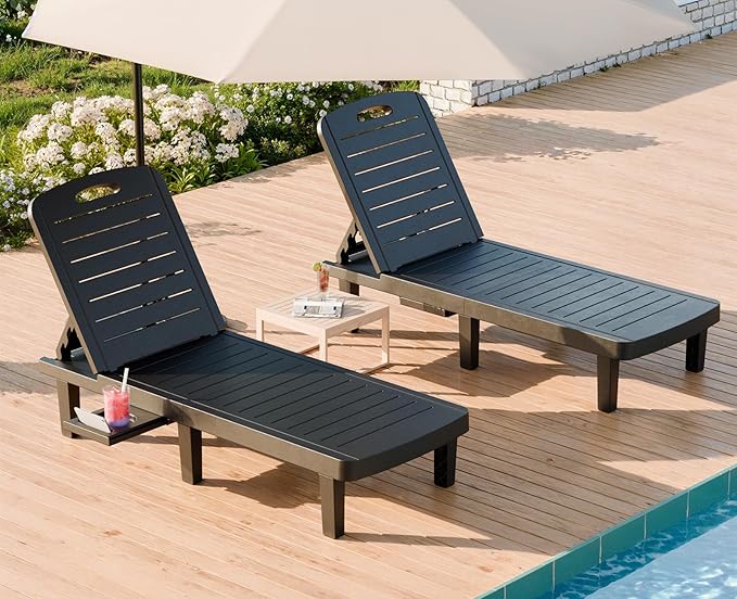 WACASA Outdoor Chaise Lounge Chairs Set of 2, Oversized Lounge Chairs with 5-Level Adjustable Backrest & Cup Holder, Resin Waterproof Pool Lounge Chair for Poolside, Patio, Beach, Yard, Black