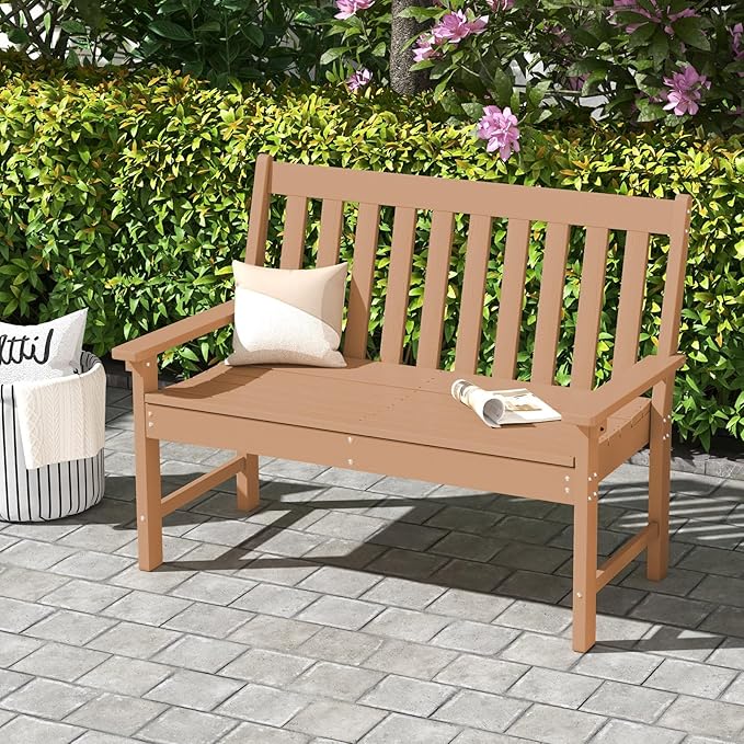 Tangkula HDPE Outdoor Garden Bench with Backrest, 2-Person All-Weather Patio Loveseat Chair with Slatted Seat, 705 lbs Weight Capacity, Patio Benches for Balcony, Garden, Porch, Backyard & Park, Brown