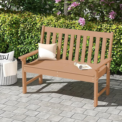 Tangkula HDPE Outdoor Garden Bench with Backrest, 2-Person All-Weather Patio Loveseat Chair with Slatted Seat, 705 lbs Weight Capacity, Patio Benches for Balcony, Garden, Porch, Backyard & Park, Brown