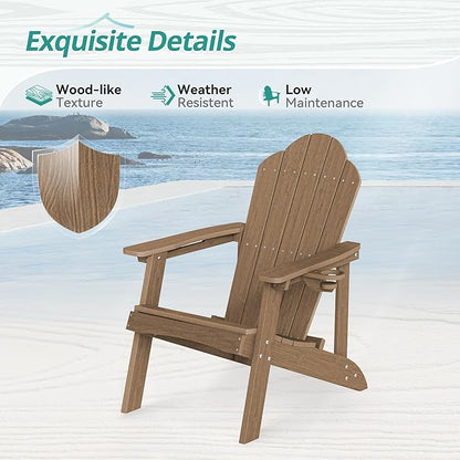 Wood-Grain HDPE Adirondack Chairs Set of 2, Weather Resistant Outdoor Seating with Hidden Cup Holder for Porch, Cabin, Deck & Fire Pit, Brown