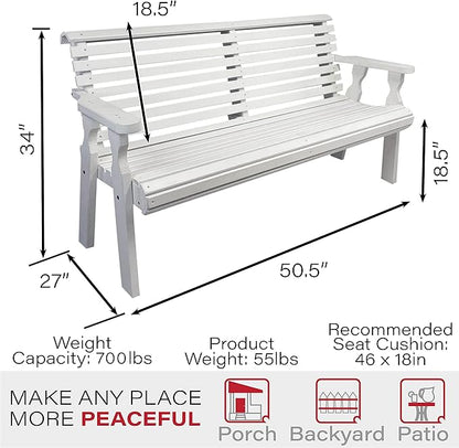Amish Casual Heavy Duty 4 Foot Roll Back Outdoor Bench in White Stain - Amish Made in The USA from Treated Pine for Outdoor Durability, 700 Lb Weight Capacity