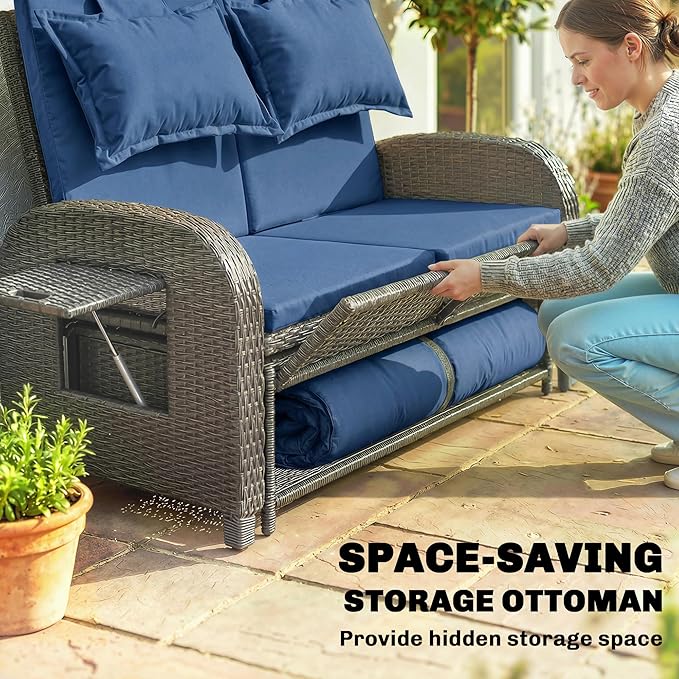 Outsunny Patio Rattan Daybed, Wicker Outdoor Daybed with Storage Ottoman, Loveseat Sofa with Adjustable Backrest, Side Tables, Cushions, Headrests, Double Sunbed Lounger for Balcony, Navy Blue