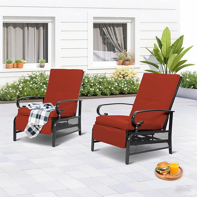 Incbruce Outdoor Lounge Chair Set of 2 Patio Furniture Adjustable Recliner with Retractable Steel Frame and Removable Thick Cushions - Red