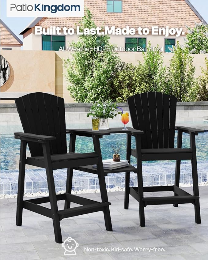 Tall Adirondack Chairs Set of 2 with Removable Tray, HDPE Bar Height Adirondack Bar Stools, High Back Patio Chairs for Balcony, Deck, Lawn, Backyard, All-Weather Outdoor Furniture, Black