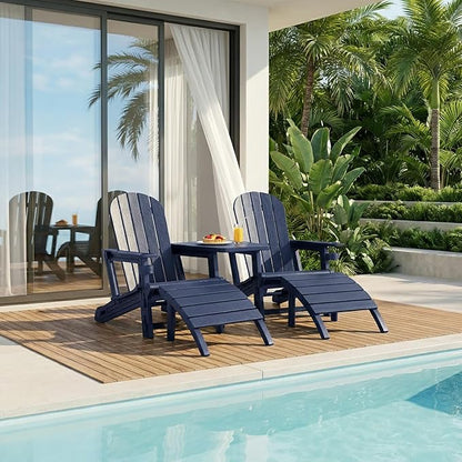 Shintenchi Adirondack Chair Set of 2,HDPE Adirondack Chairs with Umbrella Hole Connecting Tray & 2 Curved Ottoman,Plastic Outdoor Chairs with Cup Holders for Garden Backyard Pool,Dark Blue