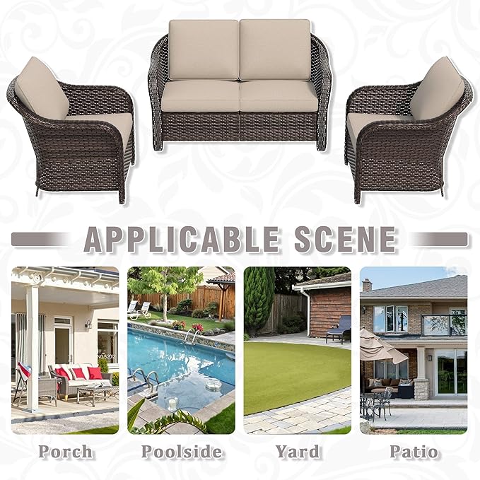 3 Piece Patio Wicker Conversation Set, All-Weather Use Outdoor Wicker Loveseat with 2 PE Rattan Chair, Ideal for Porch - Photo 8