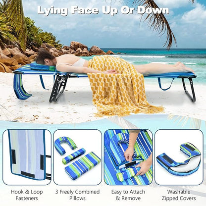 Giantex 350lbs Adjustable Patio Lounge Chair w/Face Hole, Removable Pillows, Carry Strap, Layout Chair, Folding Beach Chair, Outdoor Chaise Lounge for Poolside Lawn Tanning (1, Stripe)