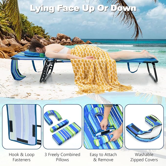 Giantex Tanning Chair, Folding Beach Chair, Adjustable Patio Lounge Chair with Face Hole, Removable Pillows, Carry Strap - Photo 6