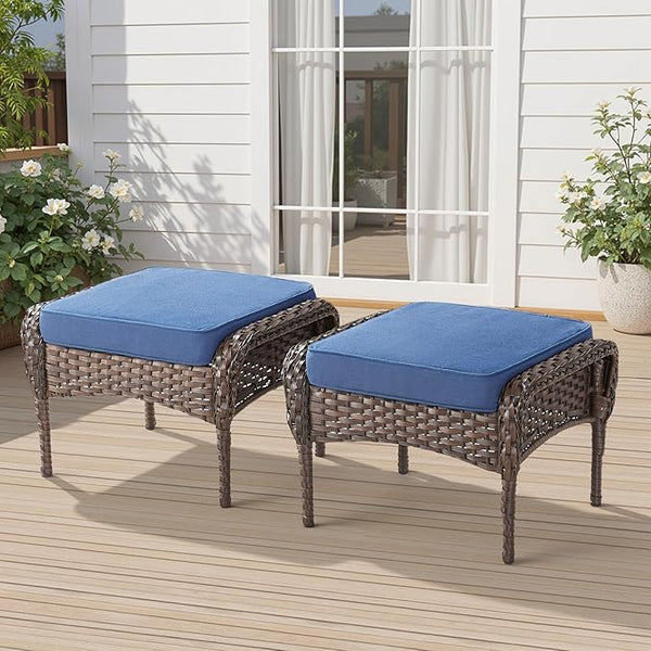 Outdoor Patio Ottomans Set of 2, Outdoor Wicker Footrest Seat with Removable Cushions - Photo 1