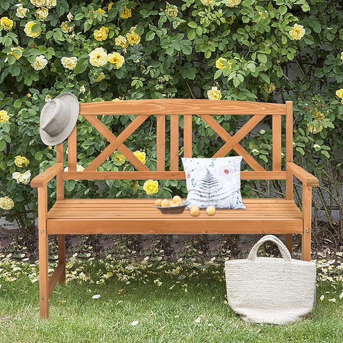 Garden Bench Loveseat - 2-Person Acacia Wood Bench with Armrest, Backrest, Sturdy Frame, 800lbs Capacity, Outside Park Bench for Patio, Yard, Front Porch, Outdoor Garden Bench, Natural
