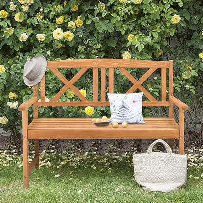 Garden Bench Loveseat - 2-Person Acacia Wood Bench with Armrest, Backrest, Sturdy Frame, 800lbs Capacity, Outside Park Bench for Patio, Yard, Front Porch, Outdoor Garden Bench, Natural