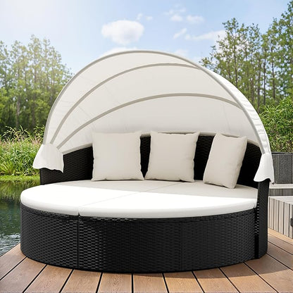 Homall Patio Outdoor Daybed with Retractable Canopy, Rattan Wicker Sectional Seating with Washable Cushions for Patio Backyard Porch Round Daybed Separated Seating (Beige)