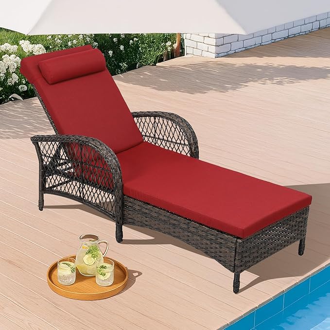 HOMEDIARY Outdoor Wicker Lounge Chair with Cushion, 6-Position Adjustable Patio Chaise Lounge, All Weather Lay Flat Pool Sunbathing Recliner Chair, Armrest and Head Pillow, Fade-Resistant, Red