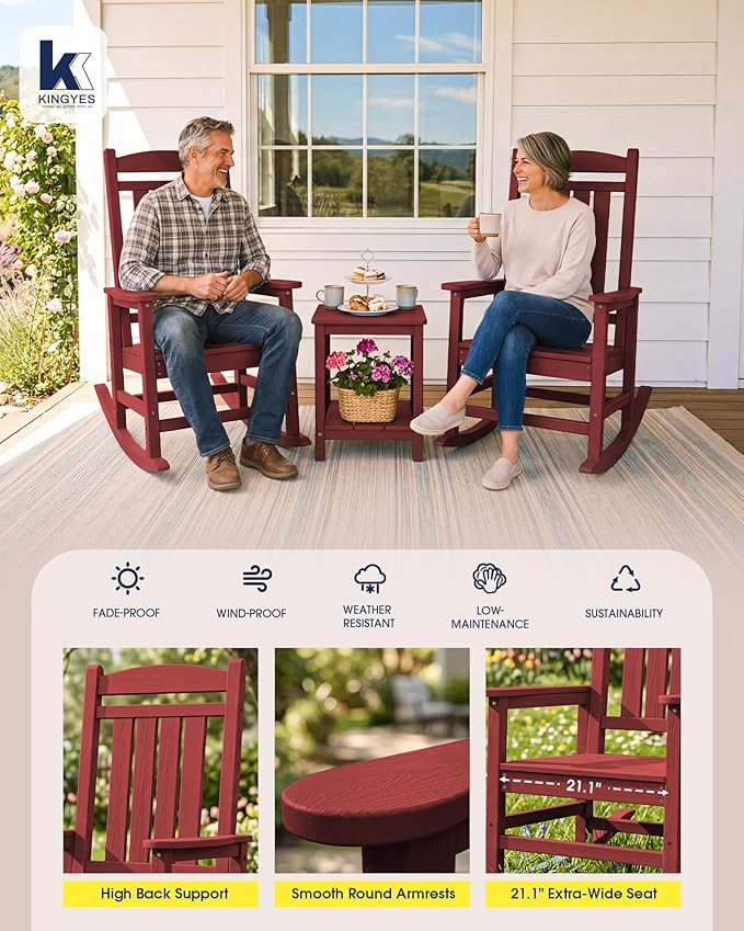 KINGYES Outdoor Rocking Chair, Weather Resistant Patio Rocking Chairs High Back Porch Rocker for Adult, Dark Red