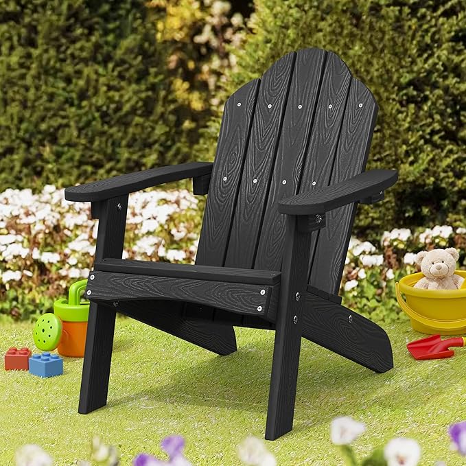 LUE BONA Kids Adirondack Chair, Black Poly Lumber Resin Chair, Toddler Adirondack Chair Weather Resistant, Kids Outdoor Patio Adirondack Lounge Chair for Balcony, Backyard, Preschool
