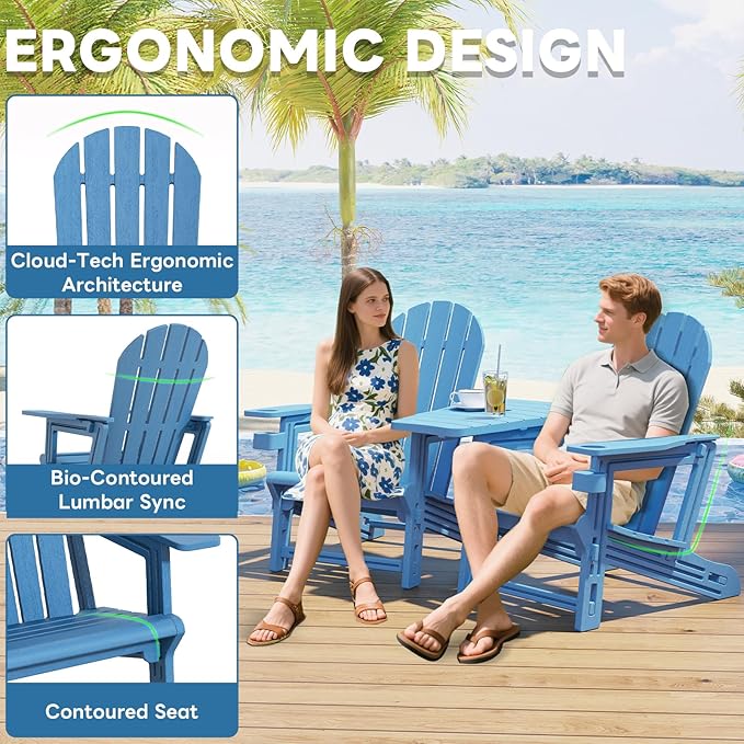 Adirondack Chair Set of 2, All Weather HDPE Adirondack Chair with Double Connecting Trays, Plastic Adirondack Chairs for Balcony, Deck, Patio, Backyard, Garden, Blue