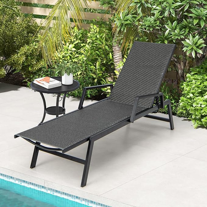 Tangkula Outdoor Rattan Chaise Lounge, Woven PE Wicker Reclining Chair with Armrests & 5-Position Backrest - Photo 2