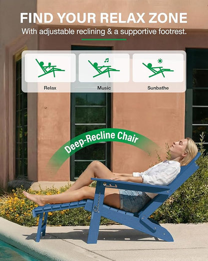 YEFU Adirondack Chair with Retractable Ottoman: Adjustable Folding Adirondack Chairs Set of 2 with Cup Holder - Fire Fit Chairs with Footrest - HDPE Plastic All Weather for Outdoor/Patio/Lawn(Blue)