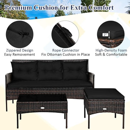 Tangkula 3 Pieces Patio Conversation Set, All Weather Outdoor PE Rattan Wicker Furniture Set with Padded Cushions, Tempered Glass Coffee Table, for Poolside, Backyard, Garden