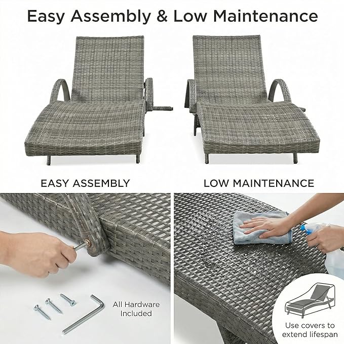 Wicker Outdoor Lounge Chairs with Pull Out Side Table, Pool Lounge Chairs Set of 6, Gray Rattan Outdoor Lounger - Photo 6
