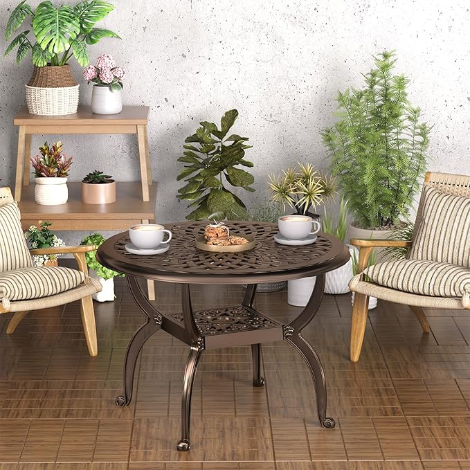 Round Outdoor Coffee Table Set of 2, Cast Aluminum Side Table with Storage,Indoor End Table, All-Weather Bistro Table for Patio Garden Lawn, Bronze