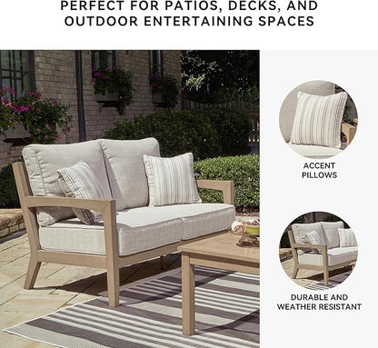 Signature Design by Ashley Hallow Creek Cottage Nuvella Weather Resistant Fabric Outdoor Loveseat with Cushion and 2 Throw Pillows, Light Brown & Beige