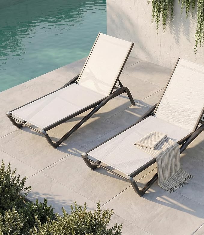 Outdoor Chaise Lounge Chair Set of 2, 5-Position Adjustable Patio Lounge Chair with Aluminum Frame, Textilene Fabric Pool Loung Chairs for Poolside, Deck, Backyard (White)