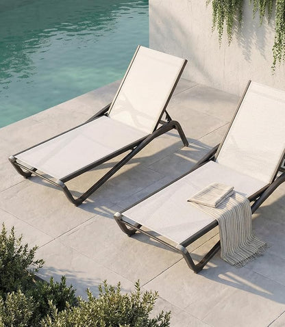 Outdoor Chaise Lounge Chair Set of 2, 5-Position Adjustable Patio Lounge Chair with Aluminum Frame, Textilene Fabric Pool Loung Chairs for Poolside, Deck, Backyard (White)