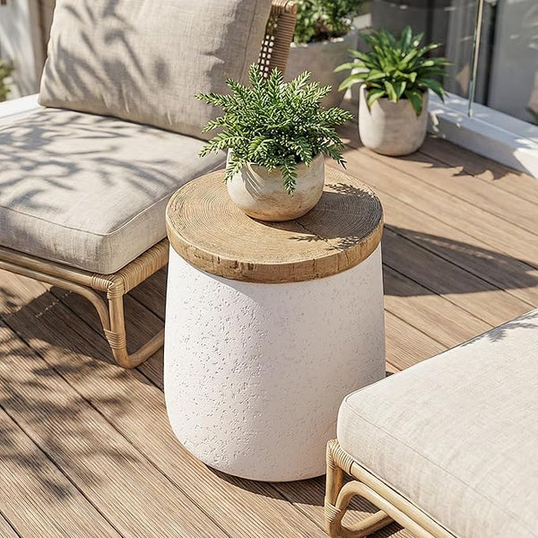 COSIEST Drum End Table Cylinder Shaped Concrete Side Table Faux-Wood Top - Photo 1