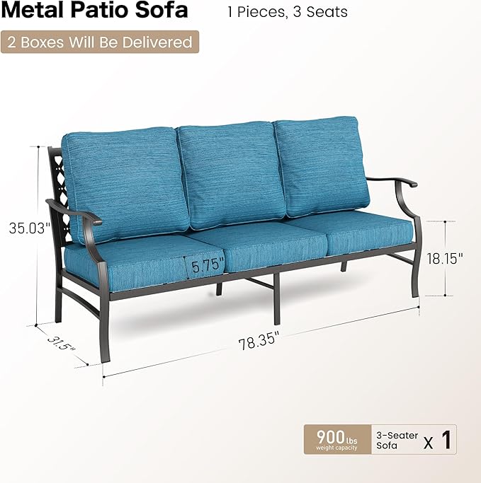 Metal Patio Furniture Sofa with 5.75" Extra Thick Waterproof Cushion, 3-Seater Deep Seating & High-Back Outdoor Couch All Weather Outdoor Seating for Backyard Deck Front Porch, Blue-2