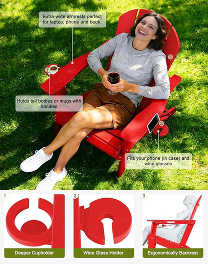 Folding Adirondack Chair with Dual Cup Holders, All-Weather HDPE Patio Chair Deck Chairs Outdoor, Fire Pit Chairs for Garden, Lawn, Poolside, Backyard, Pool - Red (Wood-Look)