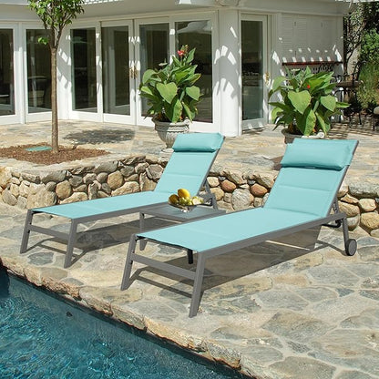 Domi Outdoor Patio Chaise Lounge Set of 3, Aluminum Pool Lounge Chairs with and Wheels, Textilene Padded Adjustable Recliner All Weather for Poolside, Beach, Yard, Balcony (Turquoise Blue)