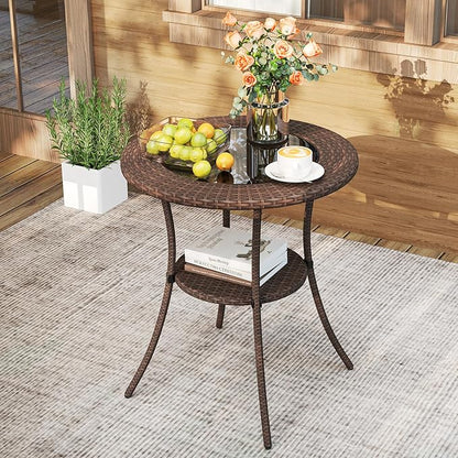 Tangkula 25 inch Patio Wicker Coffee Table Outdoor Backyard Lawn Balcony Pool Round Tempered Glass Top Rattan Steel Frame Side Table Furniture W/Storage Shelf, Brown