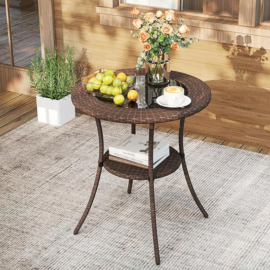 Tangkula 25 inch Patio Wicker Coffee Table Outdoor Backyard Lawn Balcony Pool Round Tempered Glass Top Rattan Steel Frame Side Table Furniture W/Storage Shelf, Brown