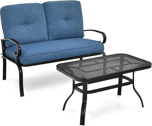 RELAX4LIFE Patio Loveseat with Coffee Table - 2-Piece Patio Conversation Sofa Set w/Backrest & Cushions, Modern Outdoor Glider Bench for Garden, Backyard, Poolside, Metal Porch Furniture (Blue)