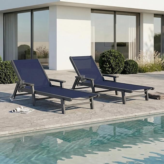 Patio Chaise Lounge Chair with Wheels & Cup Holder, HDPE Textilene Outdoor Lounge Chair 5 Positions Adjustable for Poolside Deck Patio Backyard (4, Grey Frame, Navy Textilene)